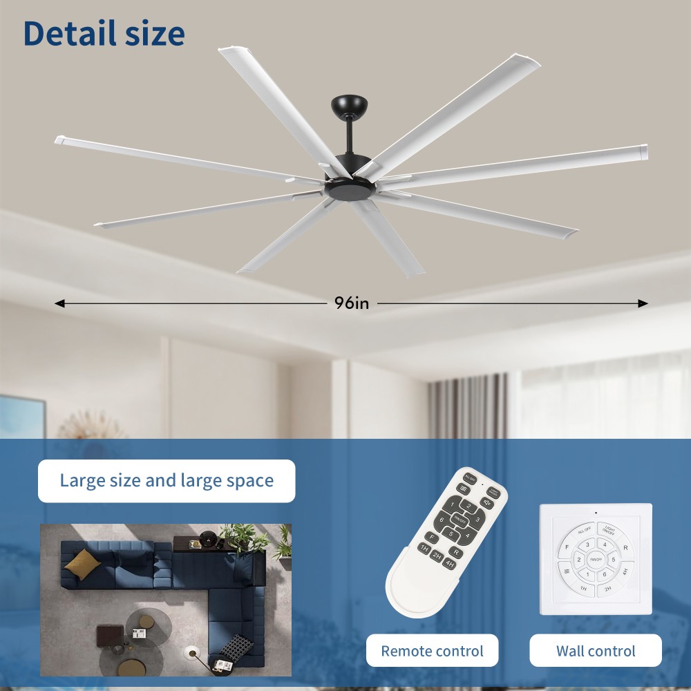 96" 6-Speed Ceiling Fan with Light and Remote Control, 8 Double-Layer Blades