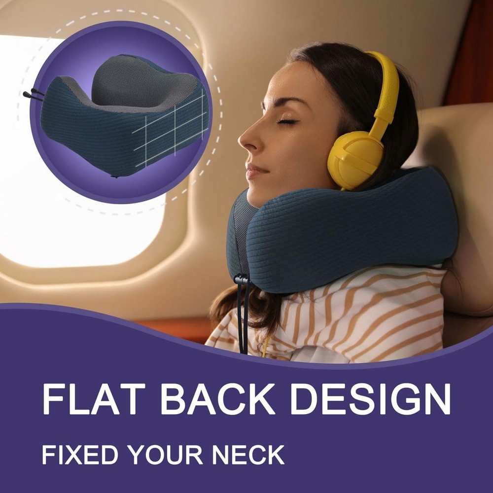 Memory Foam Travel Neck Pillow, Portable Deep Blue Set, Medium