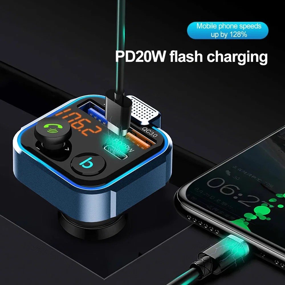 Bluetooth 5.0 Car Wireless FM Transmitter Adapter 2USB PD Charger AUX Hands-Free