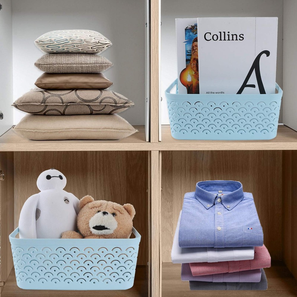 5 Pack Plastic Storage Baskets, Portable Blue Fish Scale Pattern Hollow Deskt...