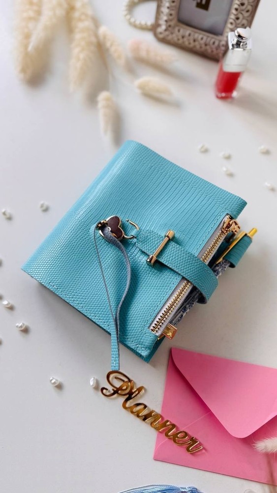 Mint blue leather planner-wallet cover A7 binder. Handmade gift.