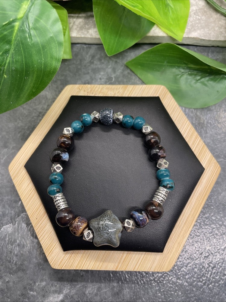 Handmade Ceramic Bead Beaded Stackable 6.25” Plus Stretch Bracelet New B335