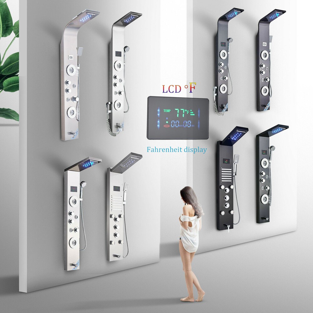 ELLO&ALLO Bathroom LED Shower Panel Tower Rain Waterfall Massage Body Jet System