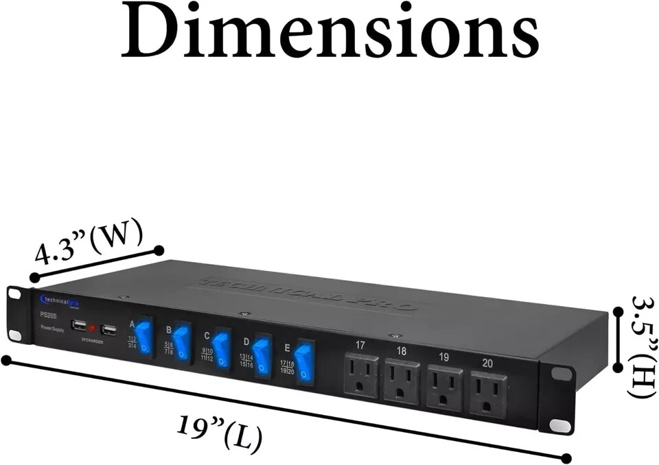 Technical Pro 20 Outlet 4 USB Port Rackmount Power Supply and Surge Protector