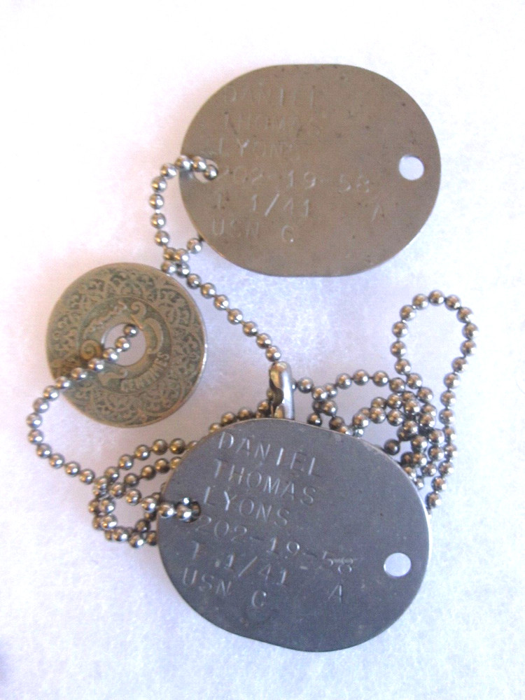 1941 dated - Pair of Dog Tags on Chain for DANIEL THOMAS LYONS USN & LUCKY COIN