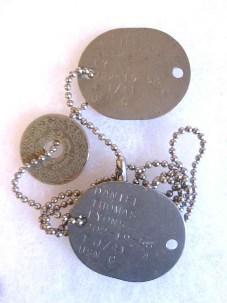 1941 dated - Pair of Dog Tags on Chain for DANIEL THOMAS LYONS USN & LUCKY COIN