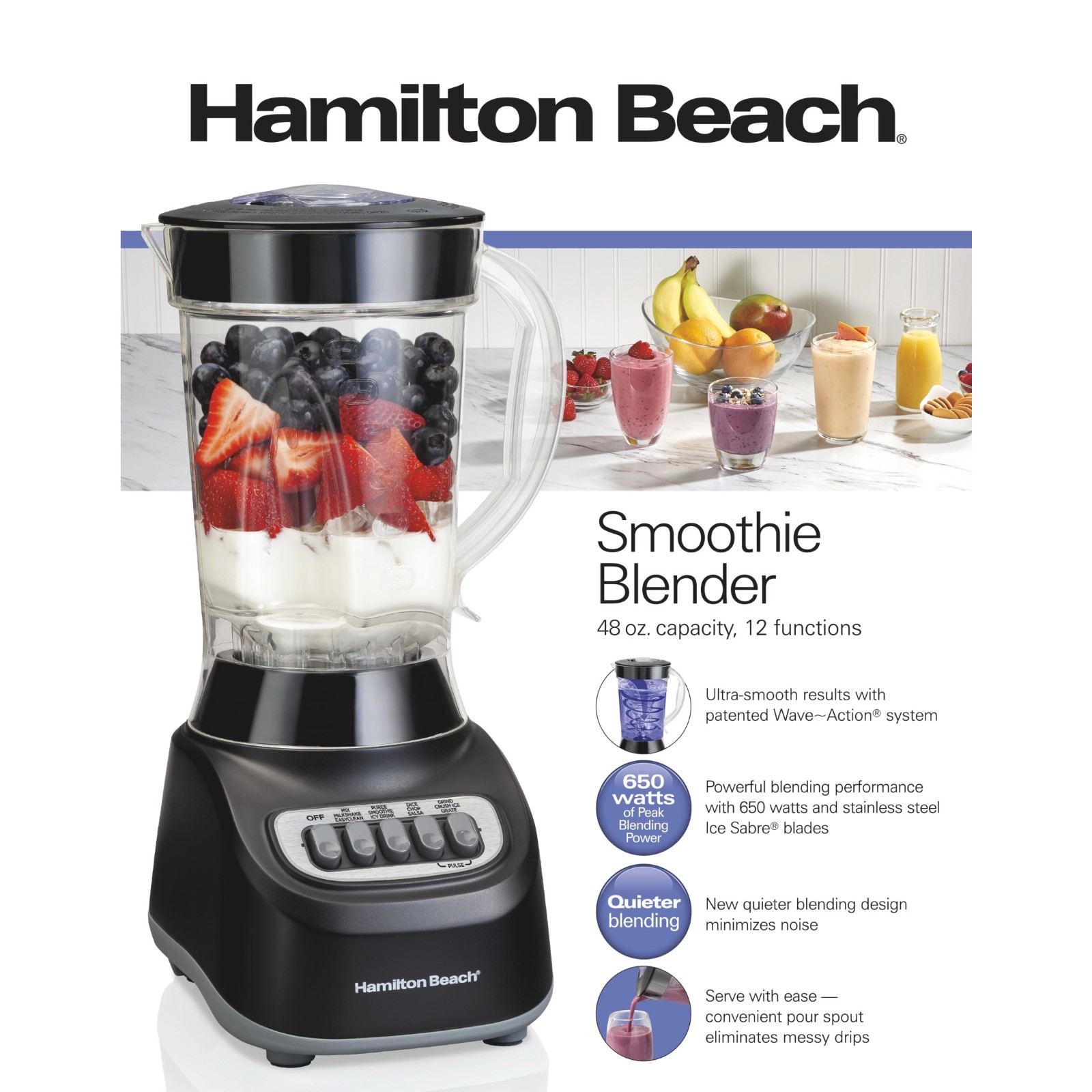 Hamilton Beach Smoothie Blender, 48 oz. Jar, Stainless Steel Blade, High Speed,