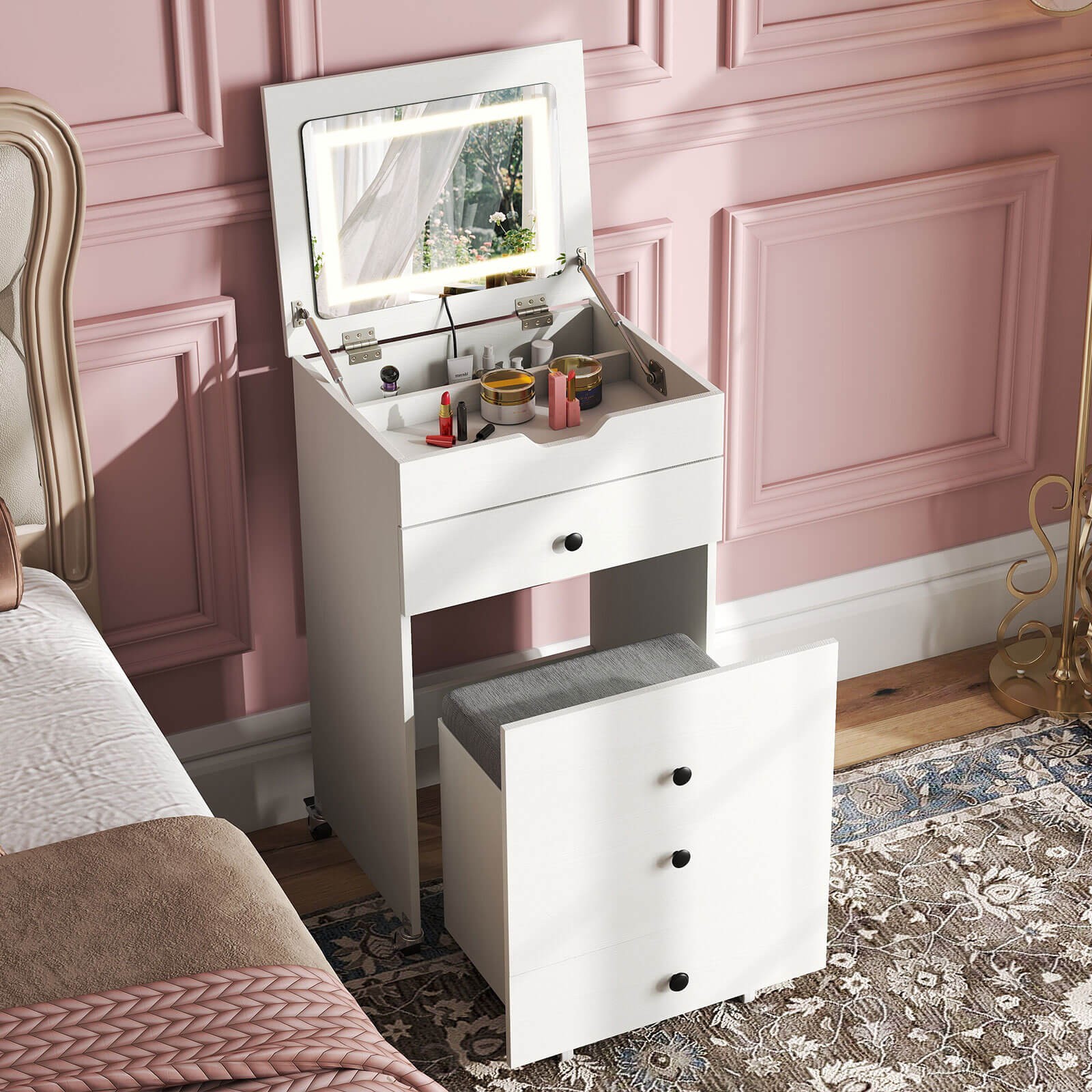 3-in-1 Small Vanity Desk Set w/Flip-top Mirror, Lights, Drawers, Storage Stool