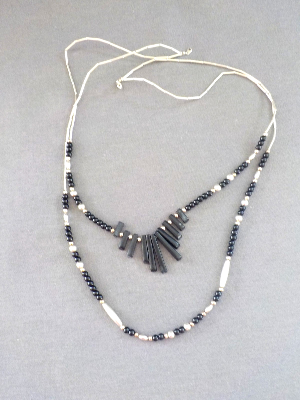 Vintage Spikey Black & Shell Necklace Silver Tone Metal Single & Double Strand