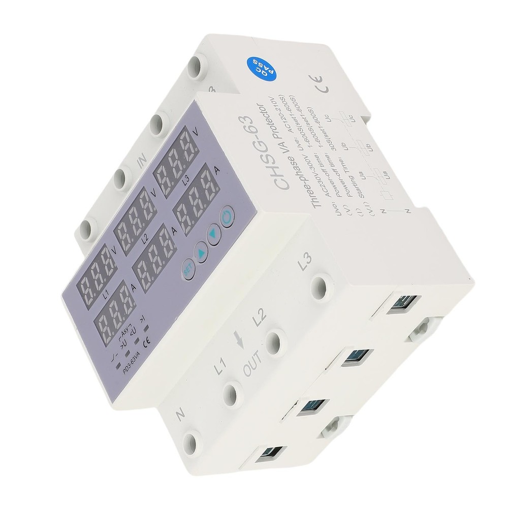 63A 3 Phase DIN Rail Voltmeter Ammeter Auto Overvoltage Overcurrent Protector AC