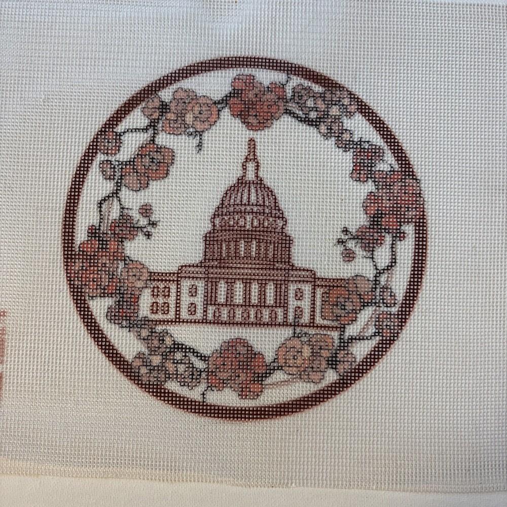 Needlepoint Canvas Capitol Building in Washington DC Cherry Blossoms