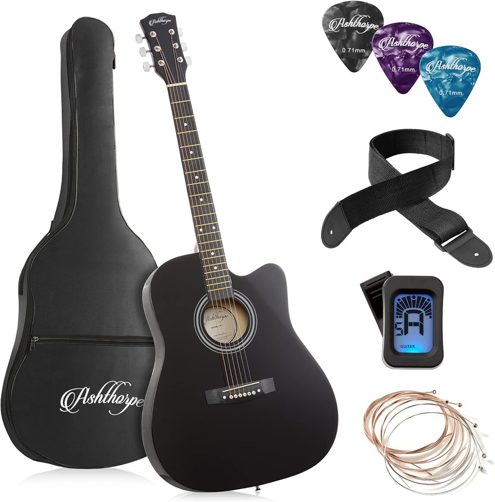 41-Inch Beginner Cutaway Acoustic Guitar Package (Black), Full Size Basic Starte