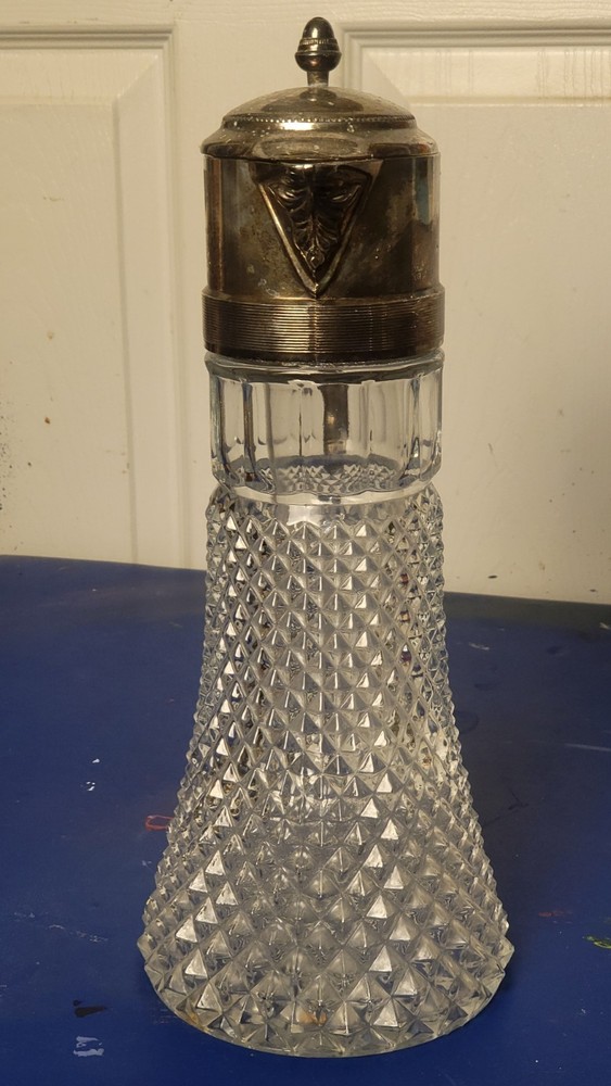 Vintage Crystal Diamond Cut Pattern Pitcher/Decanter Silverplate Hinged Lid
