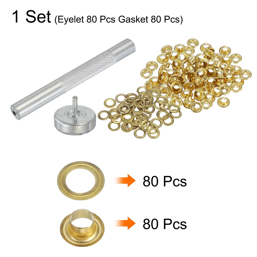 80Set Grommets Eyelets Kit 4mm Copper Eyelets with Setting Tool Gold