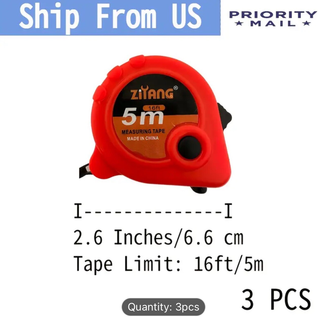 Set Of 3 PCS 16Ft 5M Measure Tape Metric Steel Measuring Ruler Self-locking