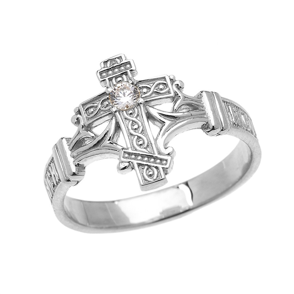 Silver Solitaire CZ Orthodox Cross with Encrypted Prayer Elegant Ring