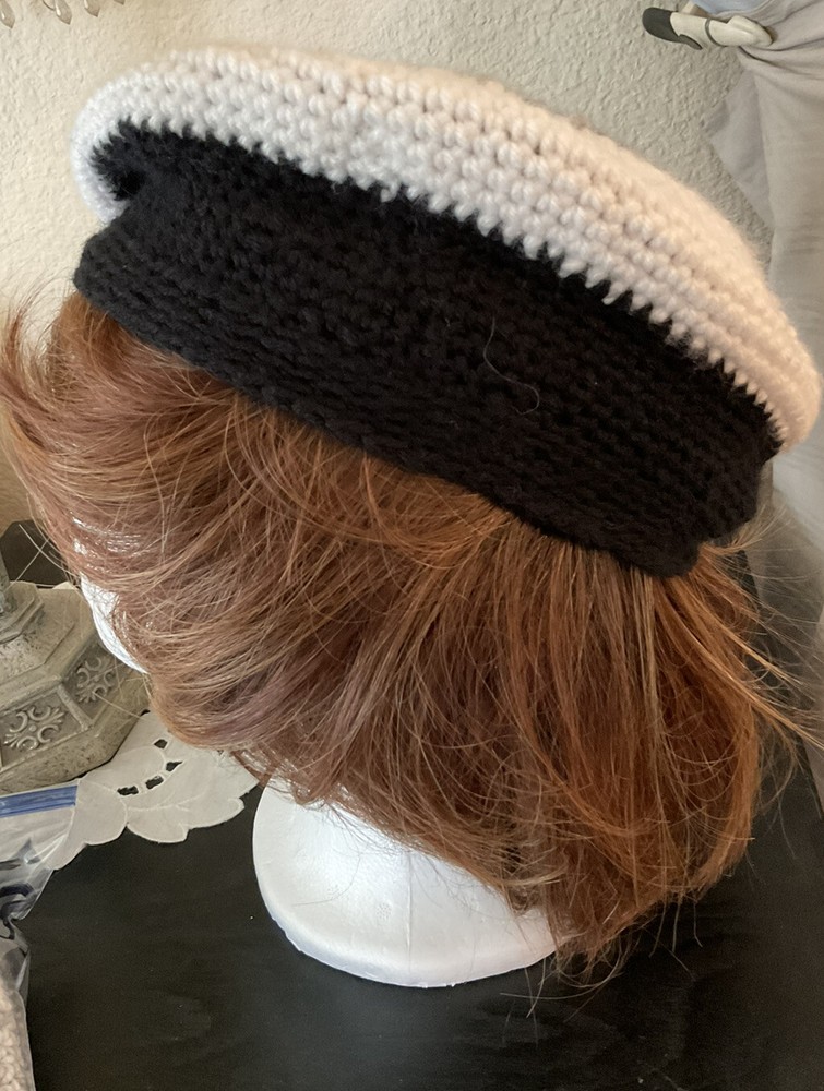 Hand Crocheted White Gray Black Beret