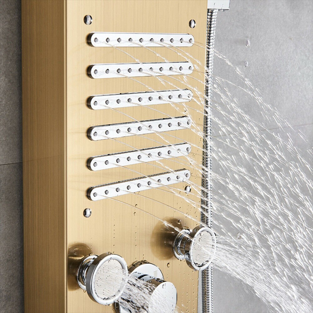 Brushed Gold Shower Panel Tower System LED Rainfall Waterfall Head Faucet Set