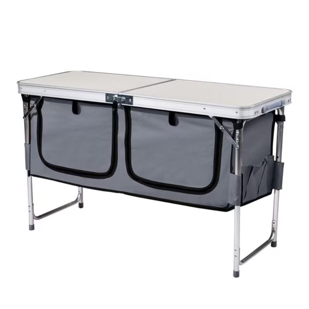 Folding Camping Table with Adjustable Heights, Storage Compartments