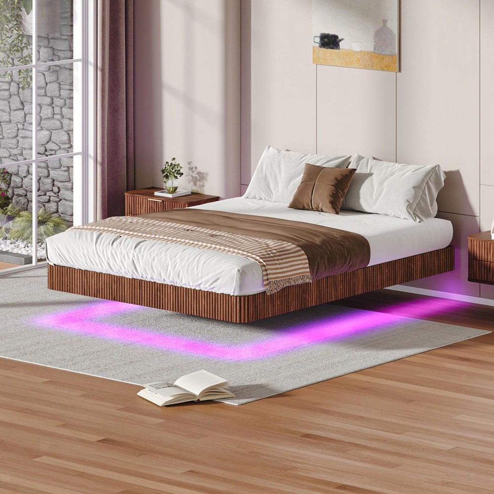 Heavy Duty Walnut Wave Curve Bed Base LED Lights Platform Bed Frame No Box