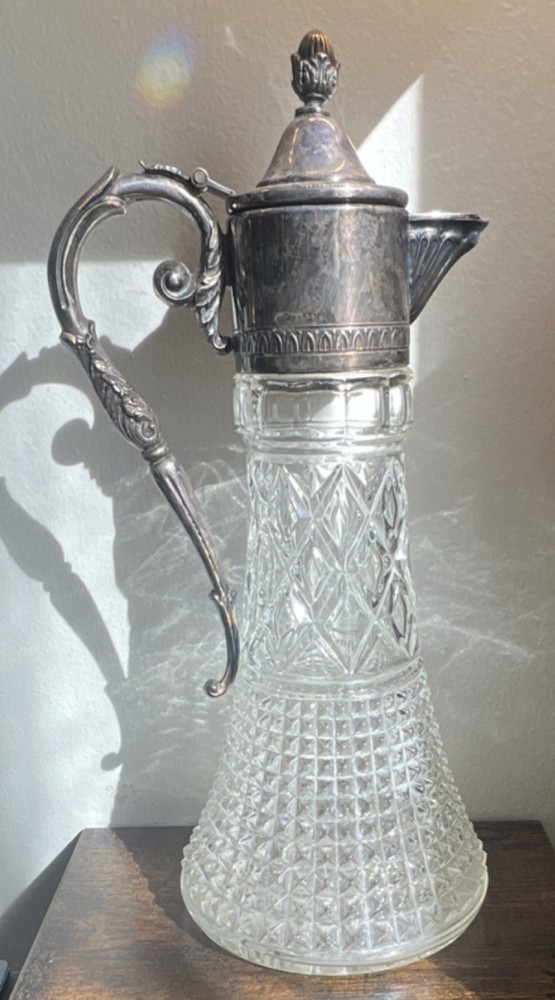 Italian Silverplate Cut Glass Lidded Pitcher Victorian Diamond Pattern