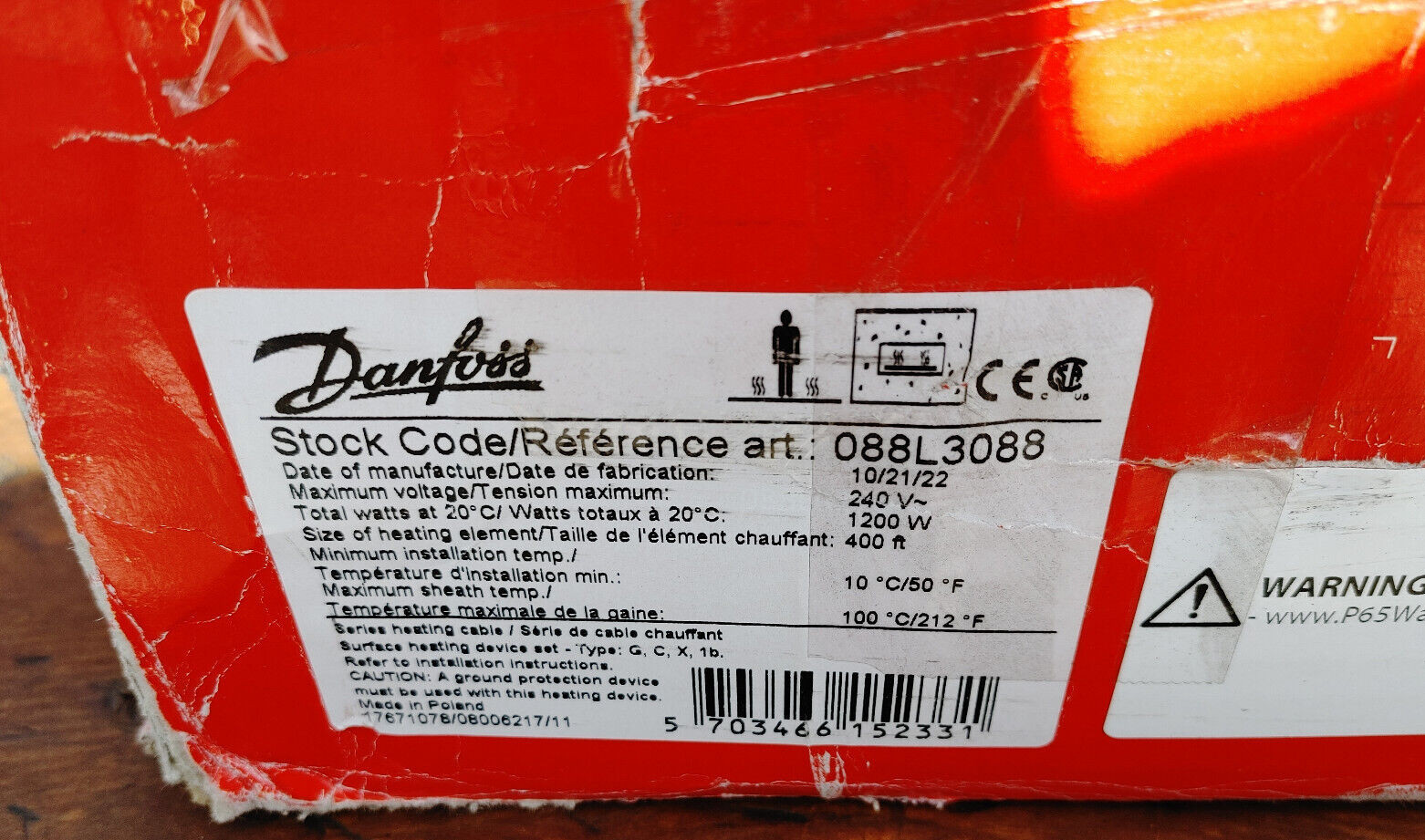 Danfoss 088L3088 Floor Heating Cable 240V 400ft (G8BB)