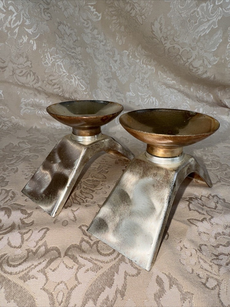 1960s WMF IKORA Silver Plate E.P. Brass Candle Holders Germany 3" #4847