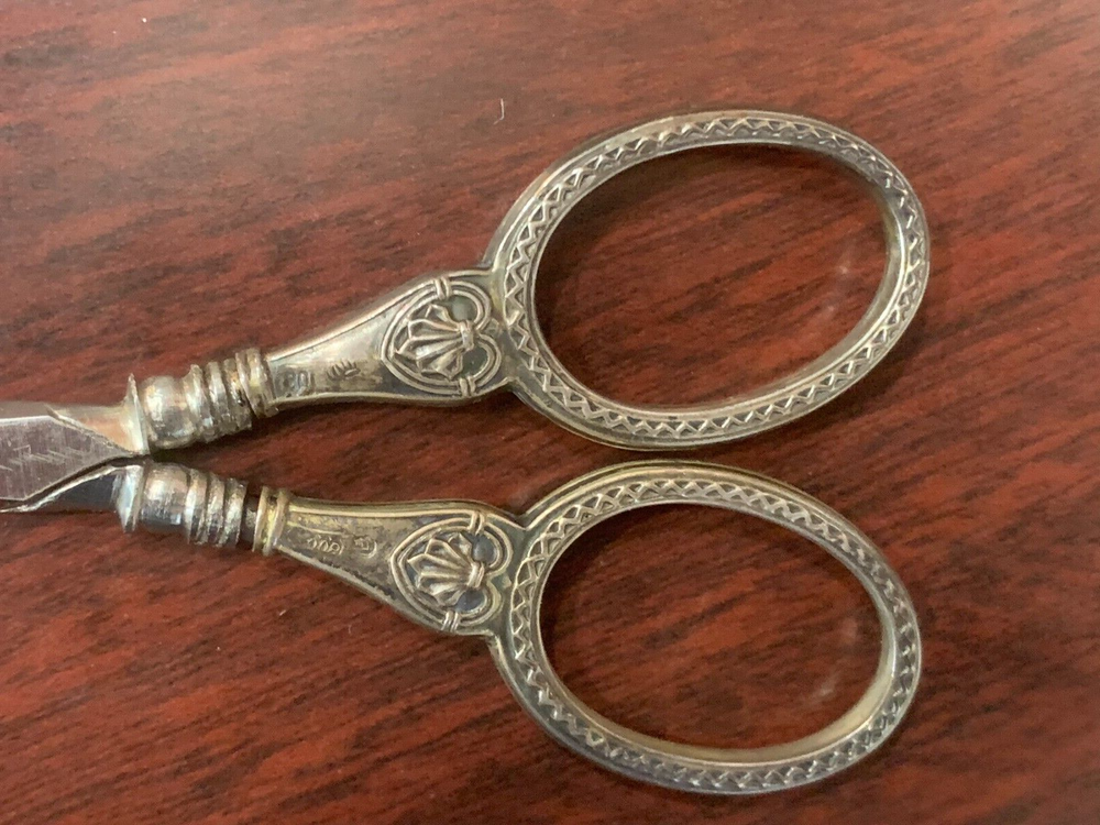 Antique 800 Silver Sewing Scissors & Thimble with Case