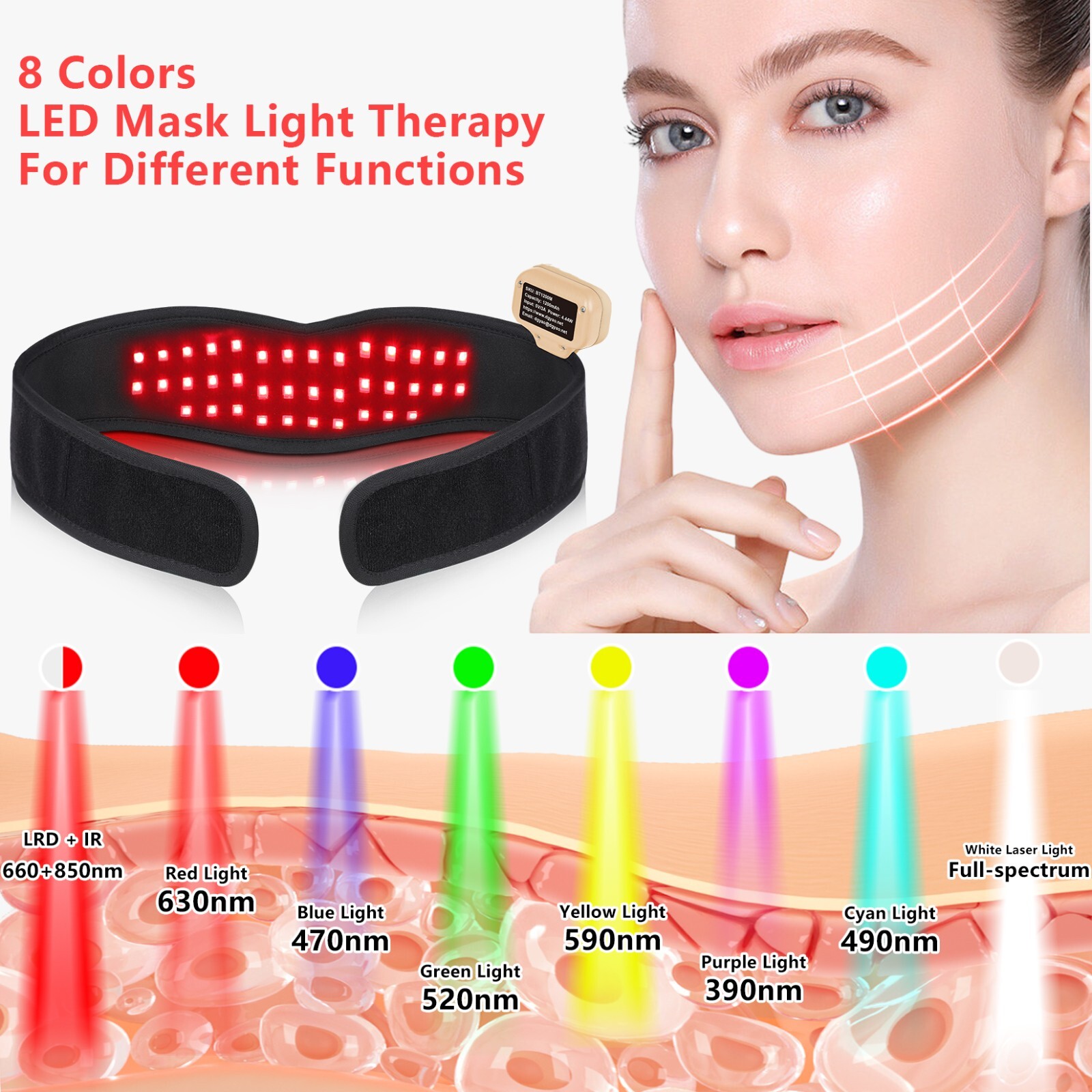 8 Colors Red Light Therapy for Neck Chin Firming, Cordless Wearable Infrared Lig
