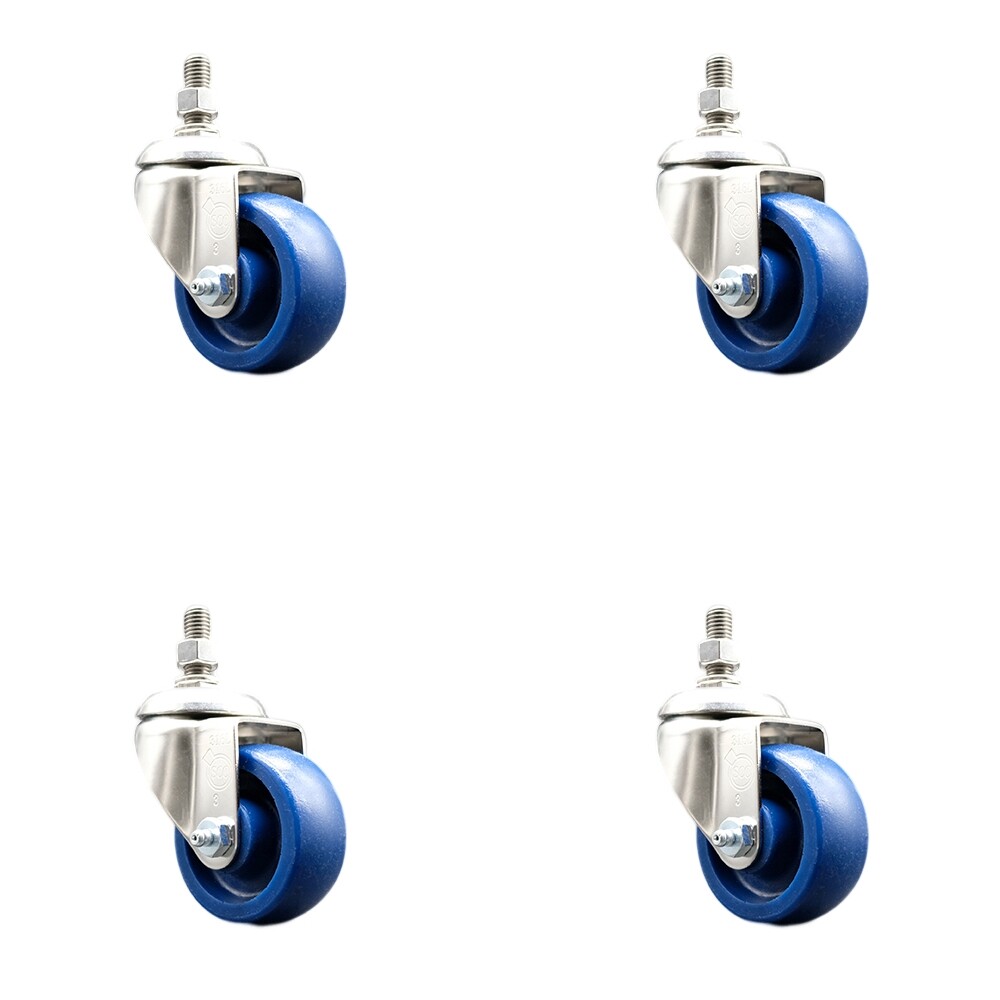 3 Inch 316SS Solid Polyurethane Wheel Swivel 3/8 Inch Threaded Stem Caster Set
