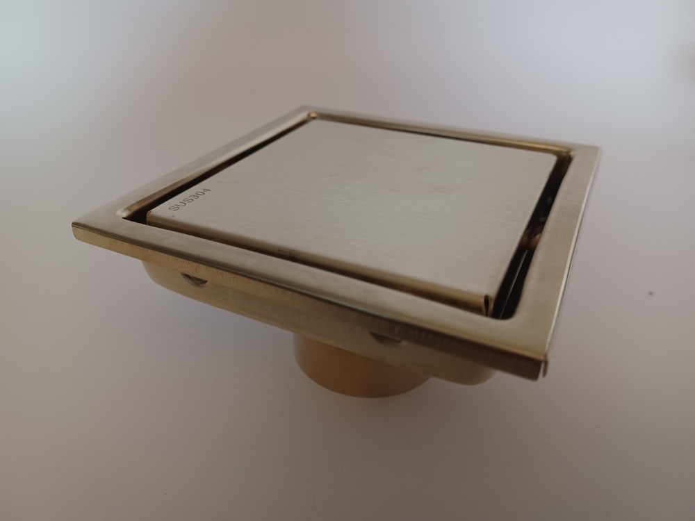 4" Square Brushed Gold Copper Floor Drain Grate W/ Removable Tile Insert