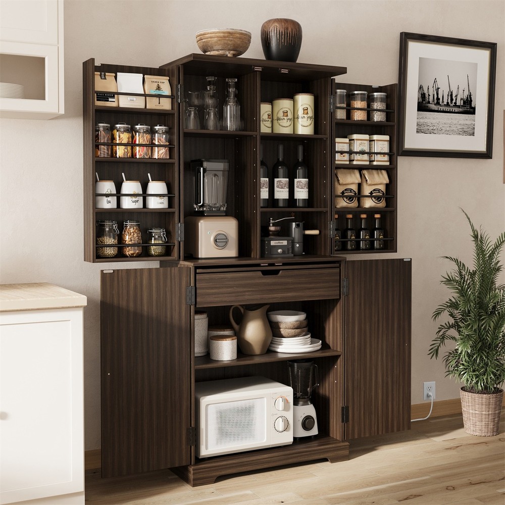 71'' Tall Kitchen Pantry Cabinet with Power Outlet & Adjustable Shelves New