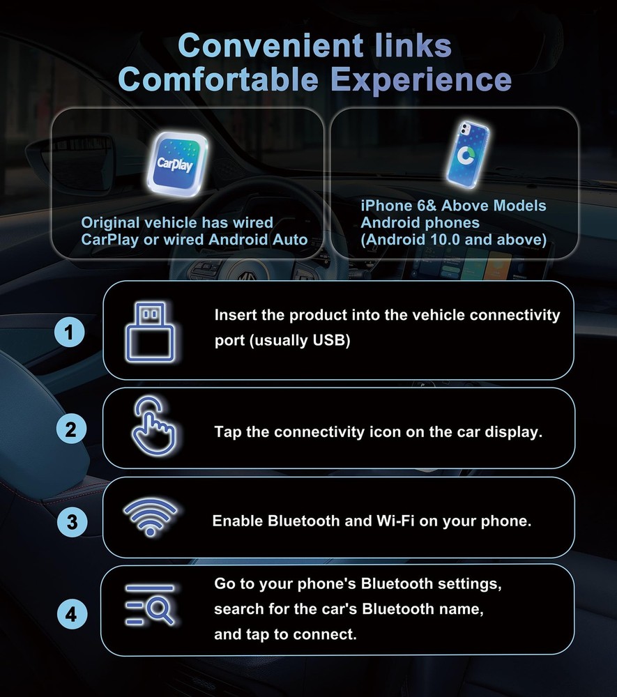 CarPlay Wireless Adapter, Compatible with CarPlay+Android Auto, Silver