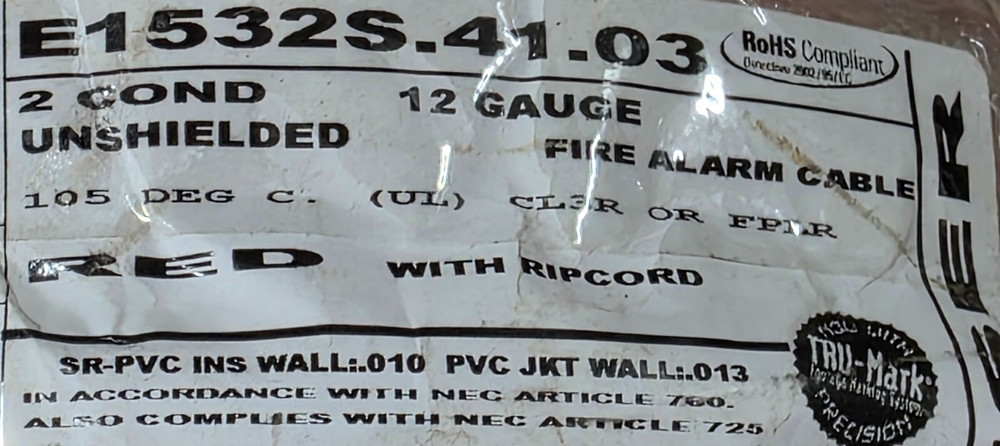 Carol E1532S 12/2C Solid Copper Riser Fire Alarm Cable Wire FPLR/CL3R Red /50ft