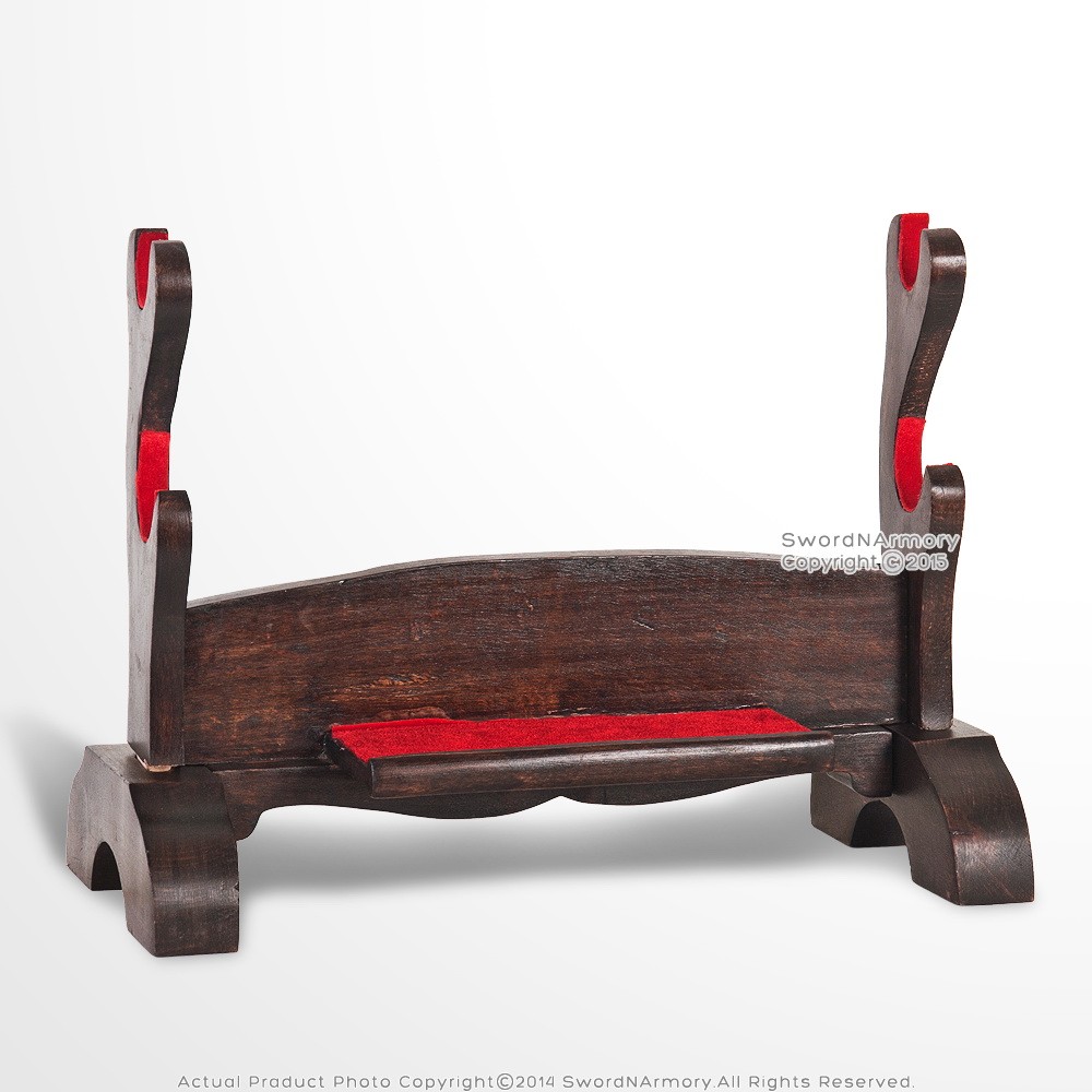2 Tier Solid Wood Samurai Sword Display Stand w/ Dark Stain Finish Velvet Lined