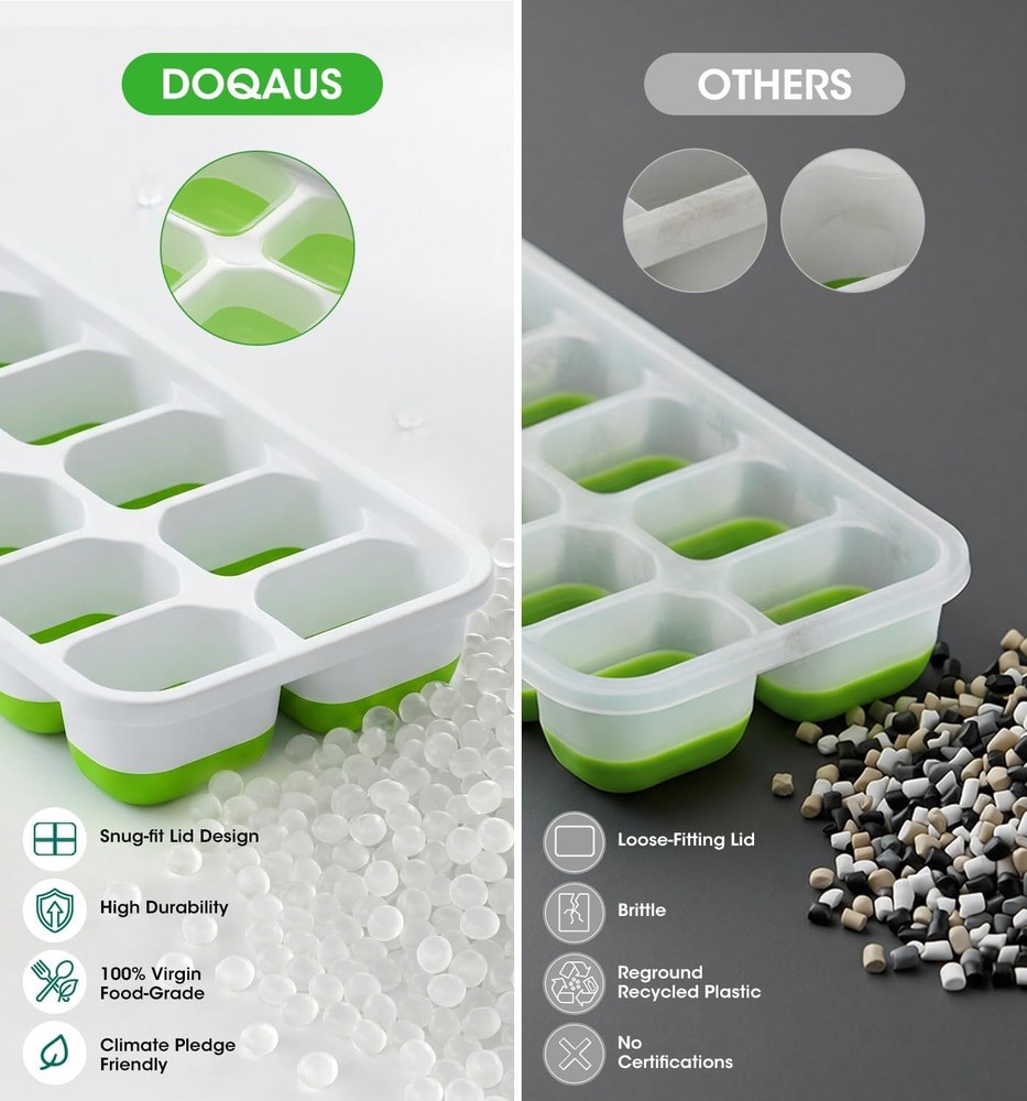 Stackable Ice Cube Tray Set with Lid and Bin - 4 Pack Silicone Trays, Storage