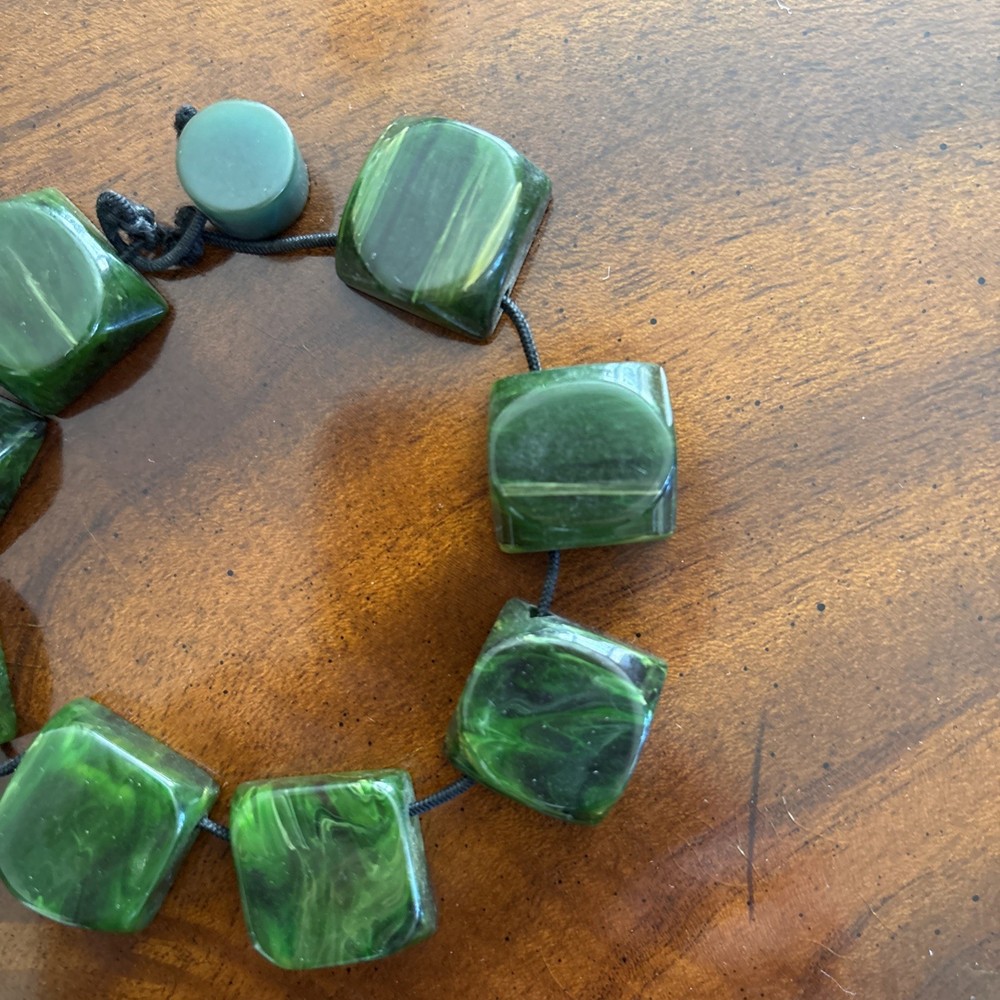 BAKELITE BRACELET Spinach Green Yellow Marbled Expansion Chunky Pyramidal Shape