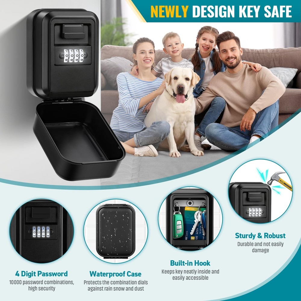 Key Lock Box, Waterproof Wall Mount Lock Box for Keys with Code, 4 Digit Comb...