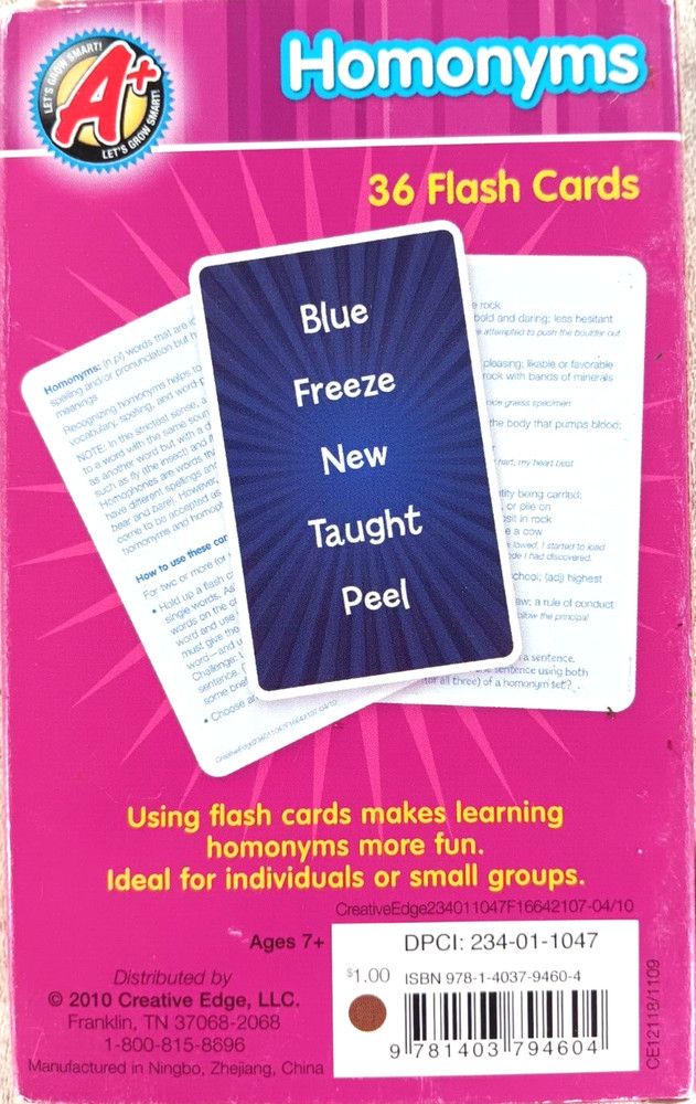 Homonyms 36 Flash Cards by Creative Edge