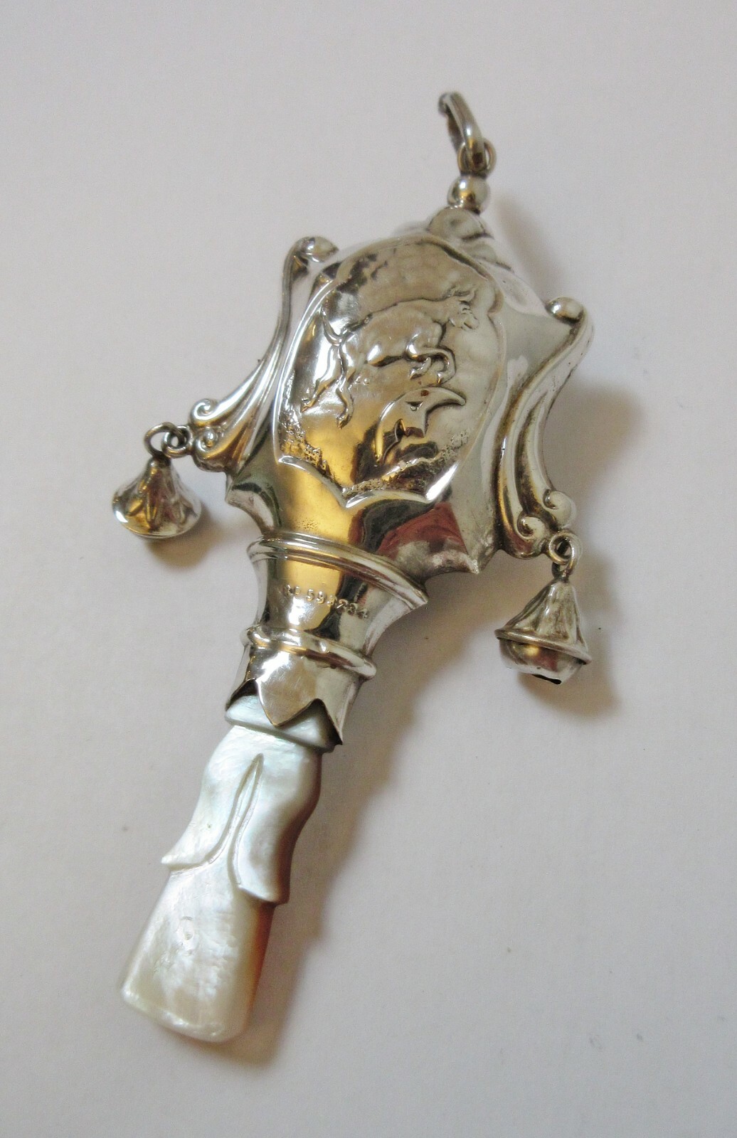 Antique Sterling Silver Rattle Cow Jumping Over Moon Carved Shell