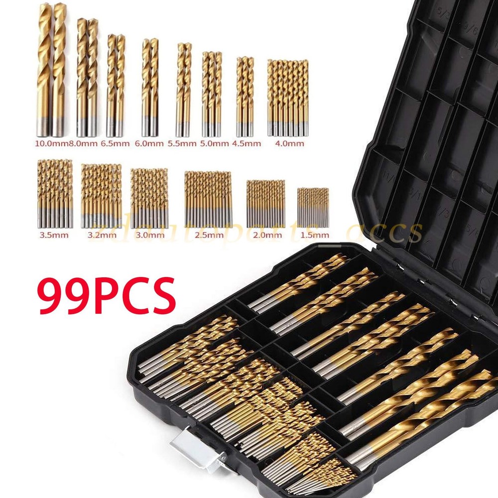 99PCS Drill Bit Set 1/16"-3/8" HSS Titanium Multi Drill Bits Twist Metal Tools