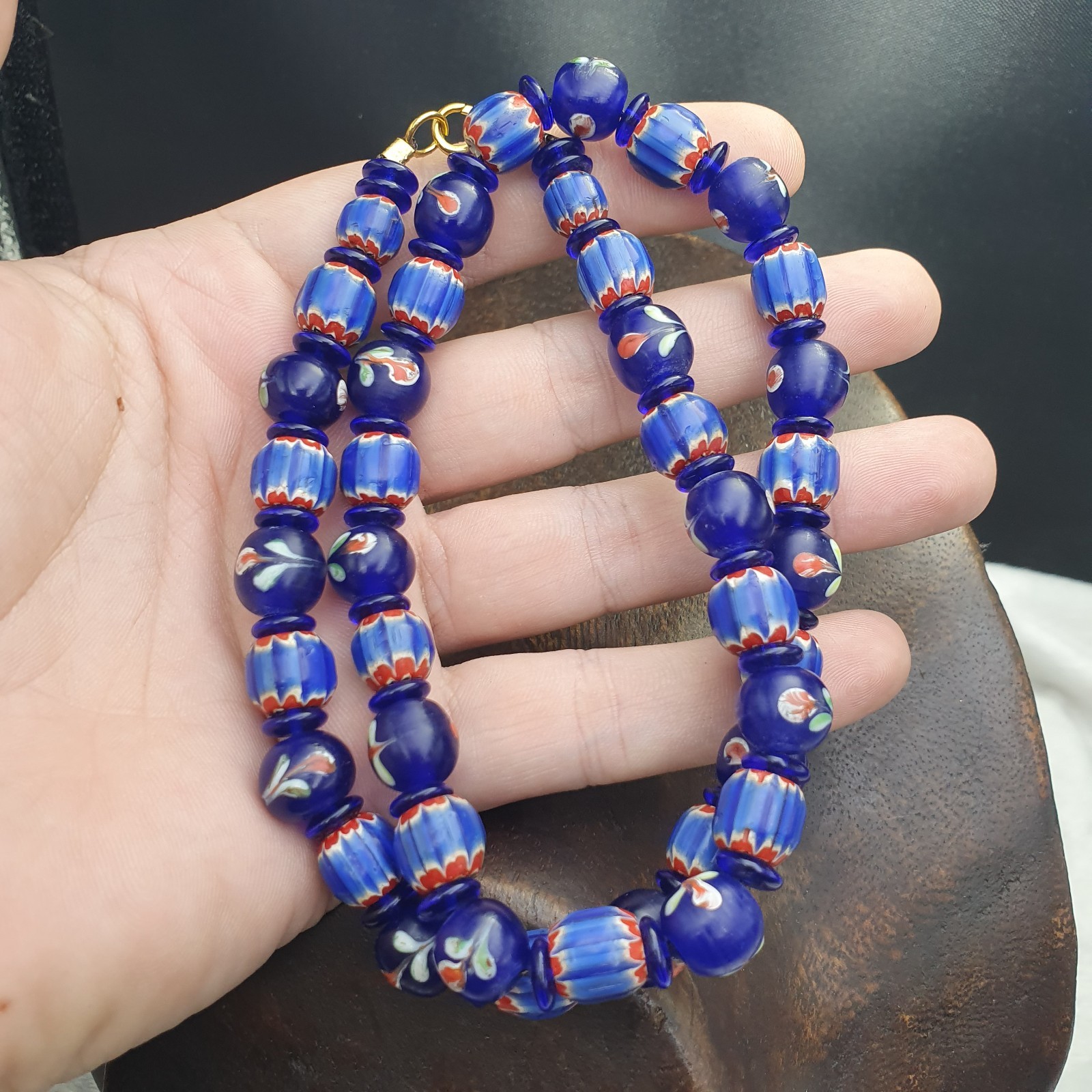Vintage Venetian Cobalt Blue Floral & Striped Murano Style Beaded Necklace