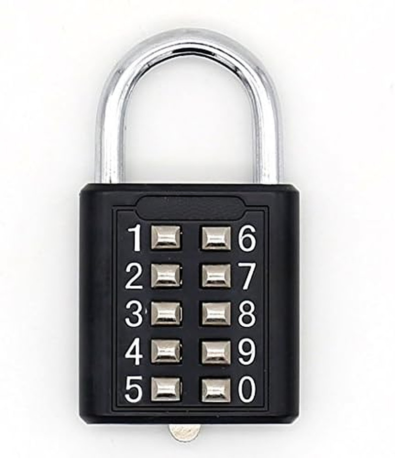 10 Digit Push Button Combination Padlock, 5 Digit Locking Mechanism, Black