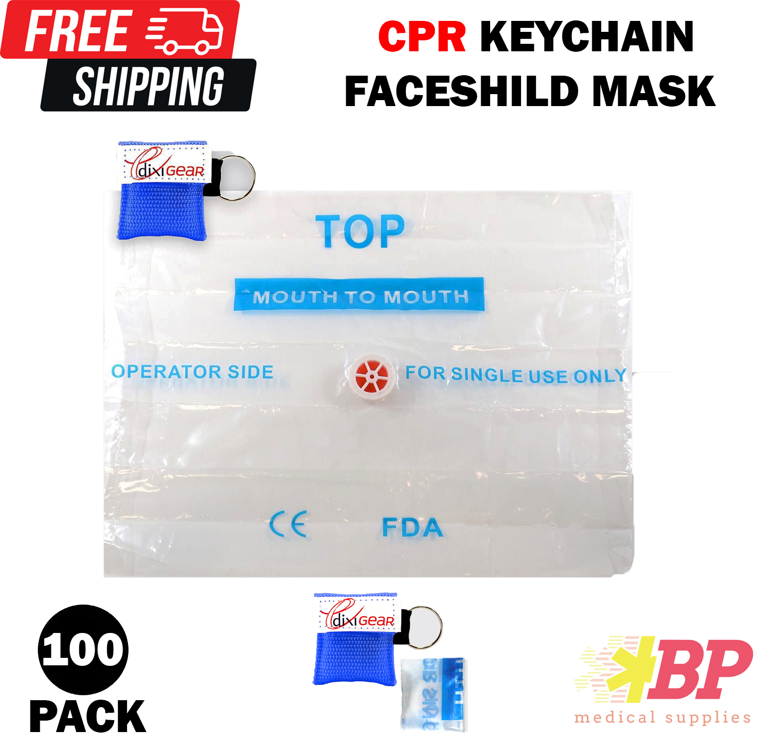 CPR Mask with Keychain Emergency Face Shield with One-Way Valve Blue - 100 Pack