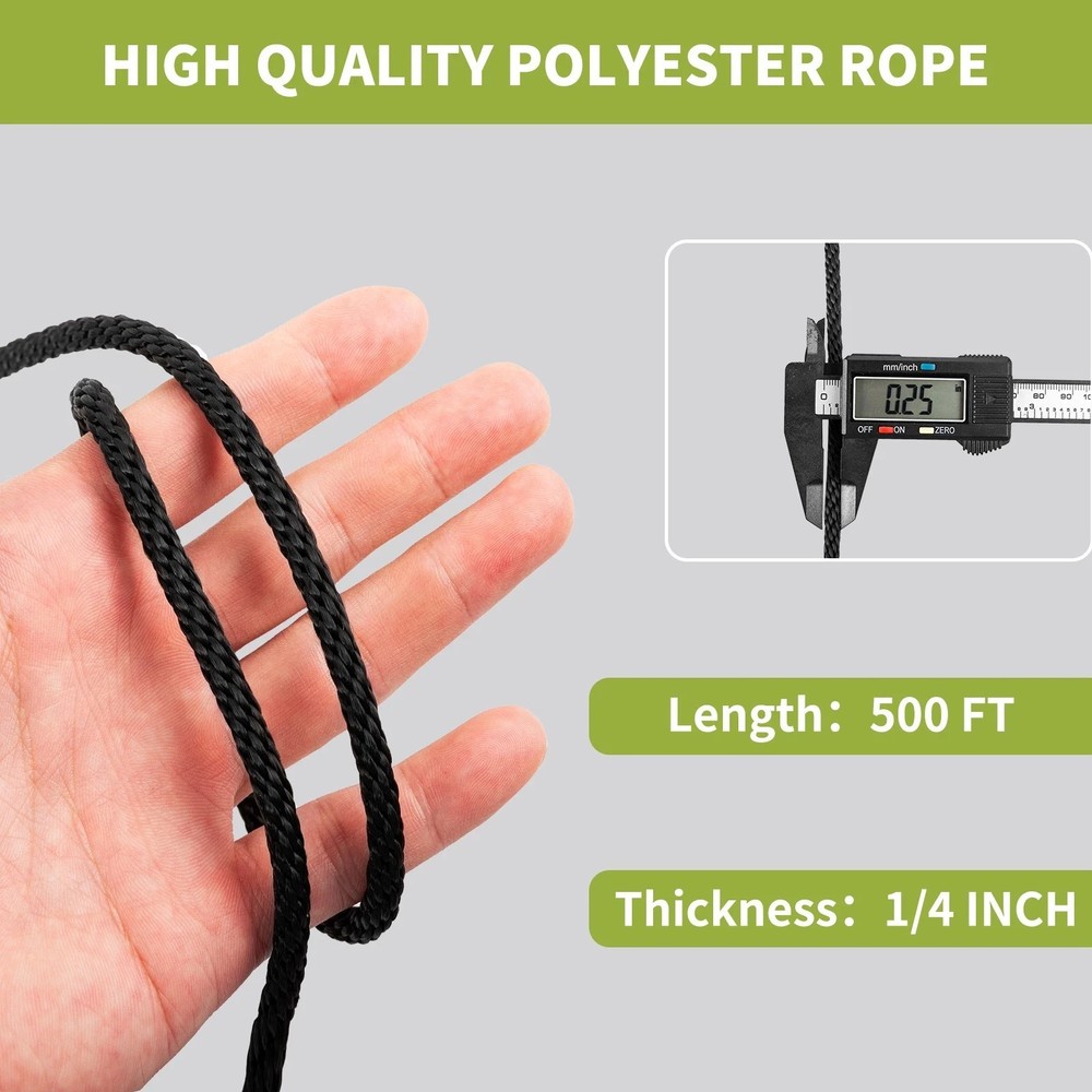 1/4'' 500' Black Polyester Solid Braid Rope