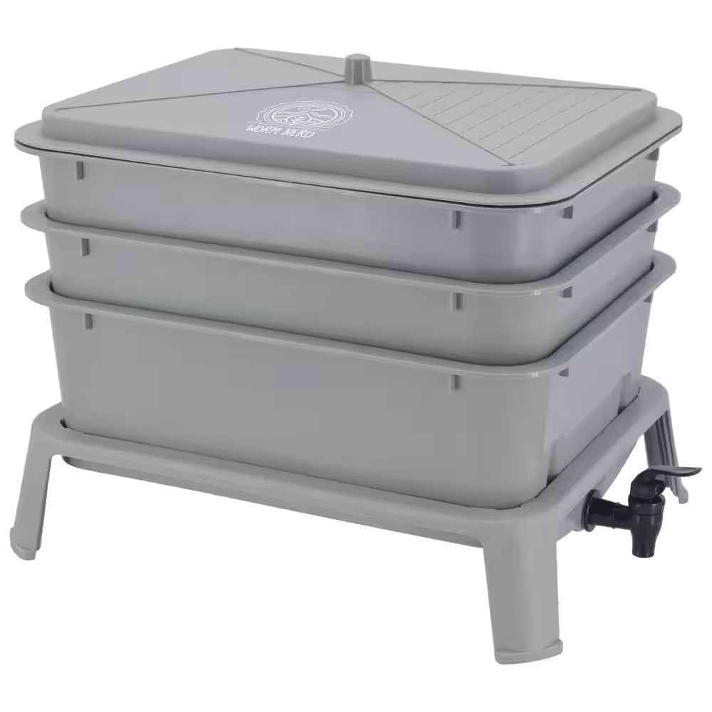 Jaylen Worm Nerd Large Gray 4-Tray Worm Composting Bin Kit with Coco Coir Brick