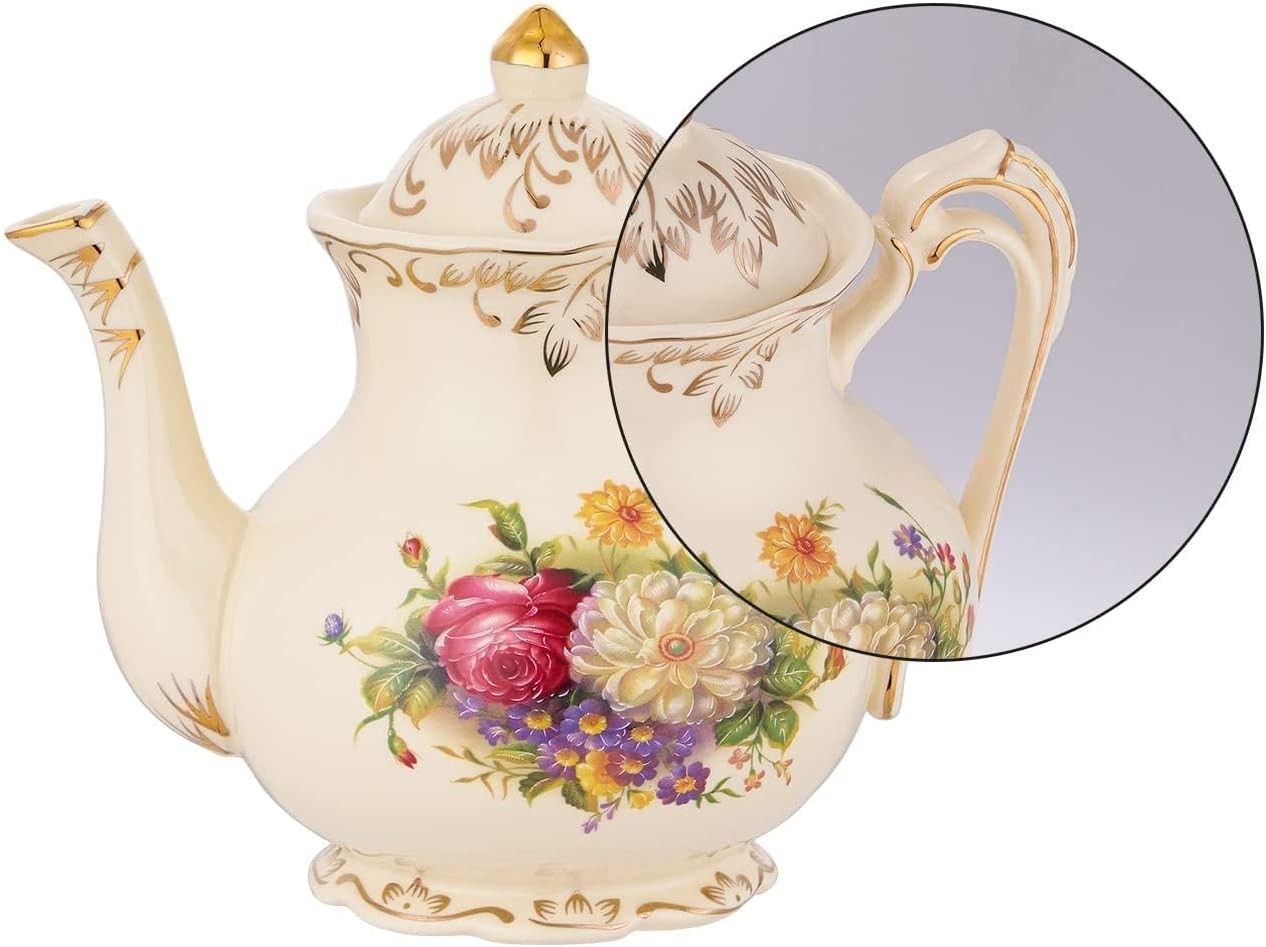 Ceramic Tea Pot 25 OZ/3 Cup Small Ivory Vintage Floral Porcelain Teapot