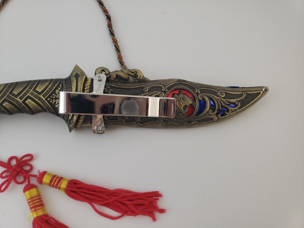 Exquisite Asian Design with-Blue/red Gemstone Silver Brass Dagger