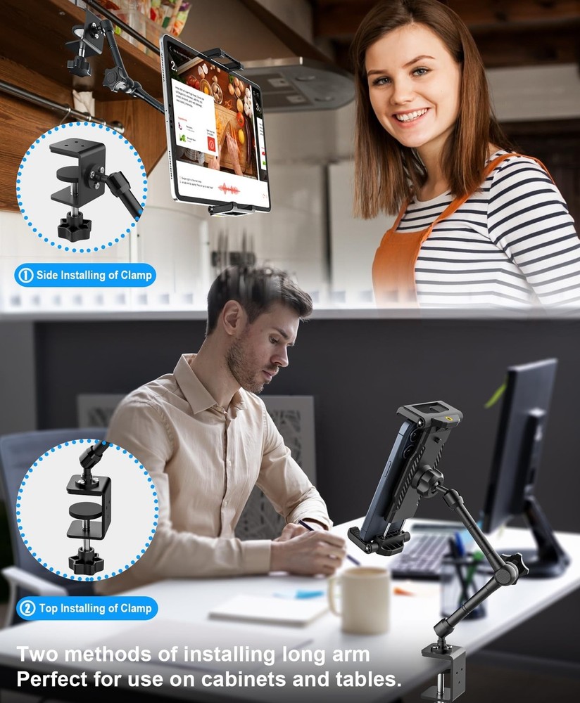 Desk Kitchen Tablet Holder [Suitable for Tabletop & Cabinet] Adjustable Metal...