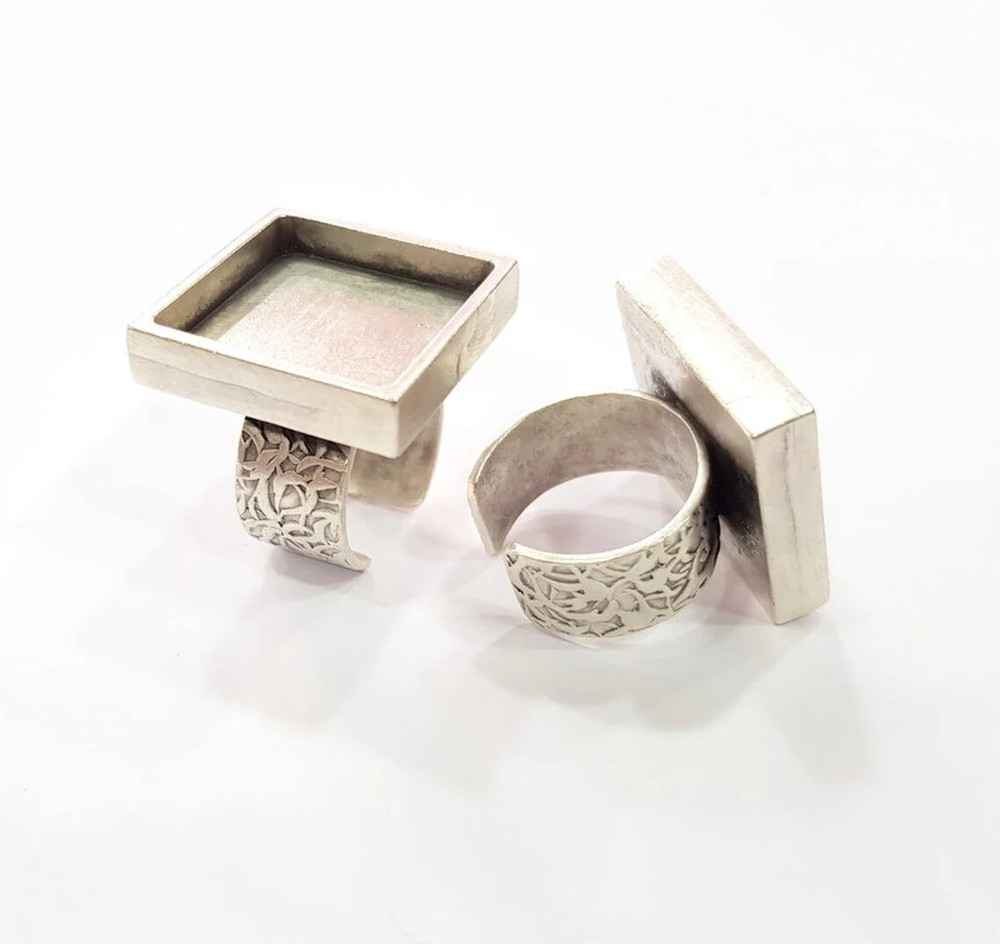 Square Blank Ring Setting Cabochon Base Bezel inlay Mounting Adjustable 20x20mm